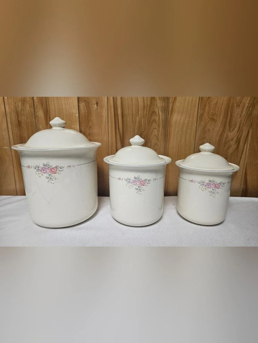 Pfaltzgraff Trousseau 3 Piece Canister Set W/ Lids Vintage USA Floral Stoneware